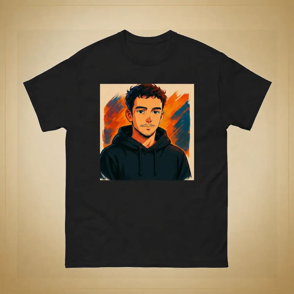 Original anime-style portrait on a black StorieVerse T-shirt mockup