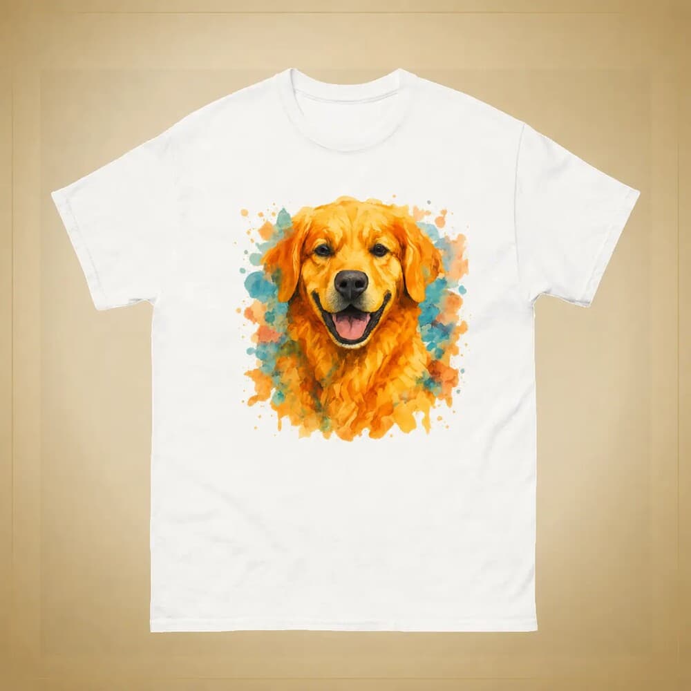 Watercolour pet portrait on a white StorieVerse T-shirt mockup