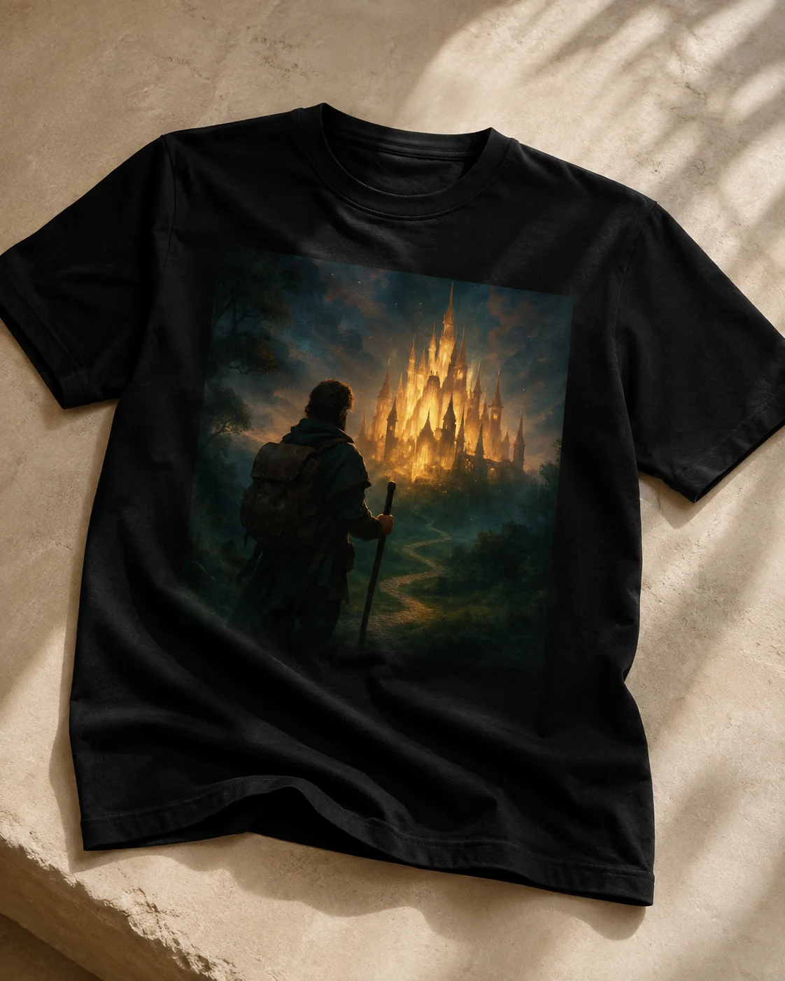 The matching fantasy artwork on a black T-shirt mockup