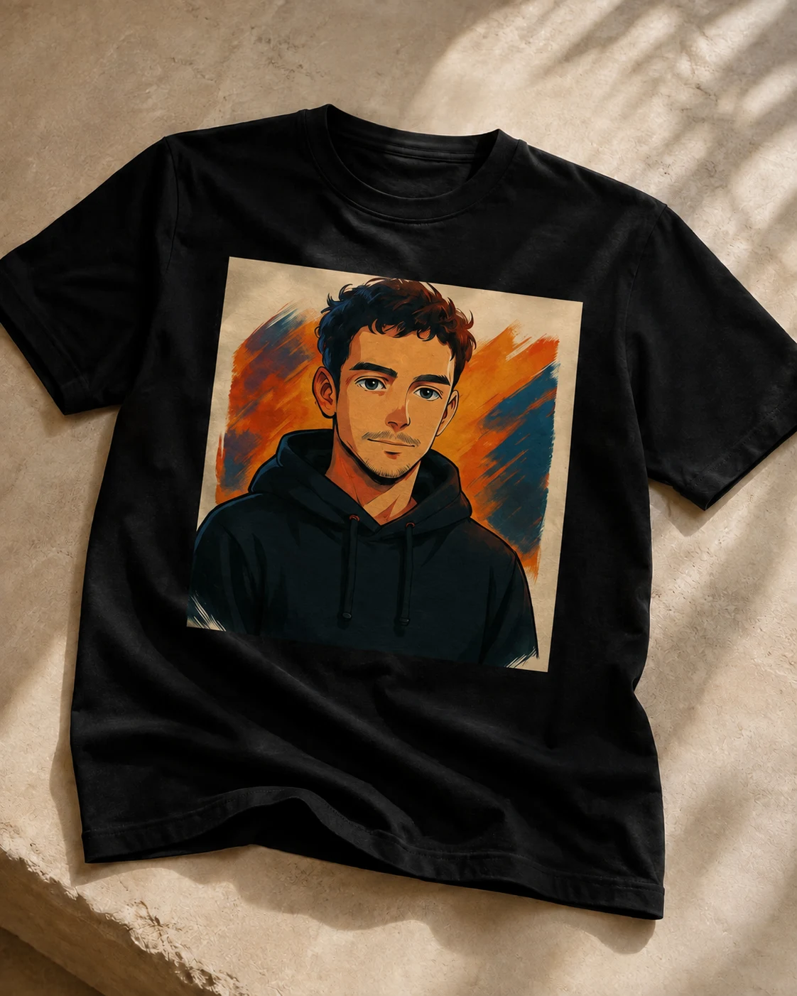 The matching anime artwork on a black T-shirt mockup