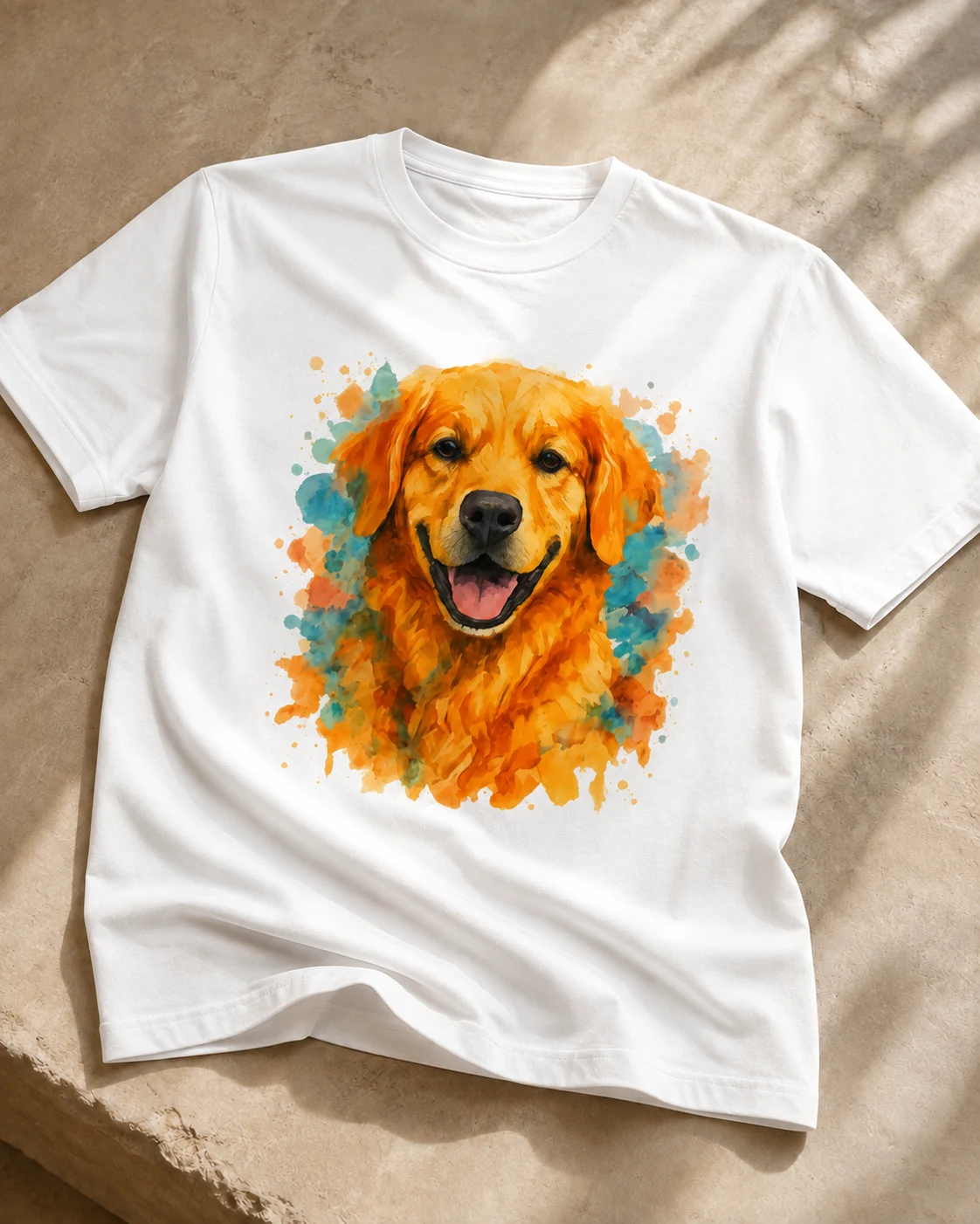 White StorieVerse T-shirt mockup with original watercolour pet portrait artwork